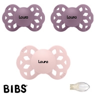 Bibs Infinity Schnuller mit Namen, Symmetrisch Silikon Gr. 2, 1 Blossom, 2 Mauve, 3'er Pack